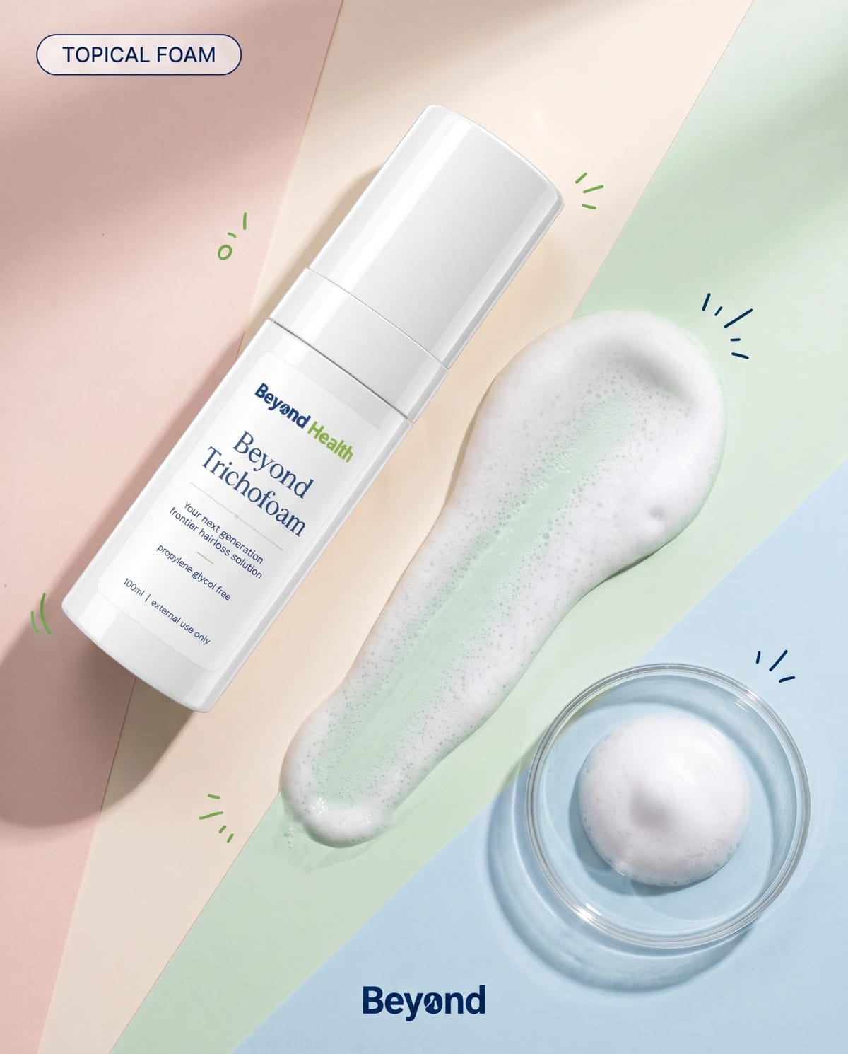 Beyond Trichofoam — propylene glycol-free topical foam for hair loss, 100 ml bottle with foam swatch