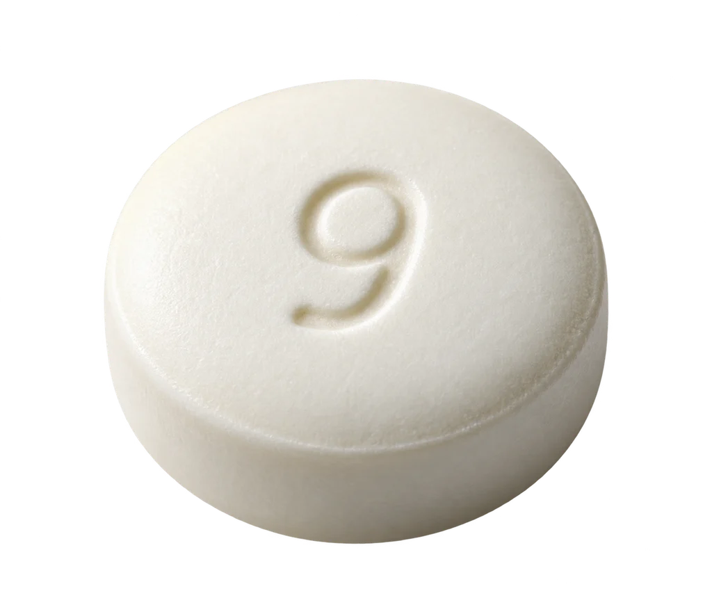 Illustration of a round Rybelsus optimized-formulation tablet with a 9 imprint